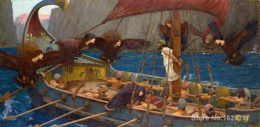 Maleri af John William Waterhouse. Forestiller Odysseus og sirenerne